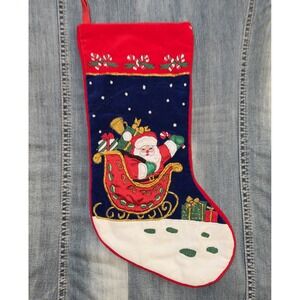 Darling Retro 80s Christmas Stocking Santa W Fuzzy Beard Applique on Velvet 21"